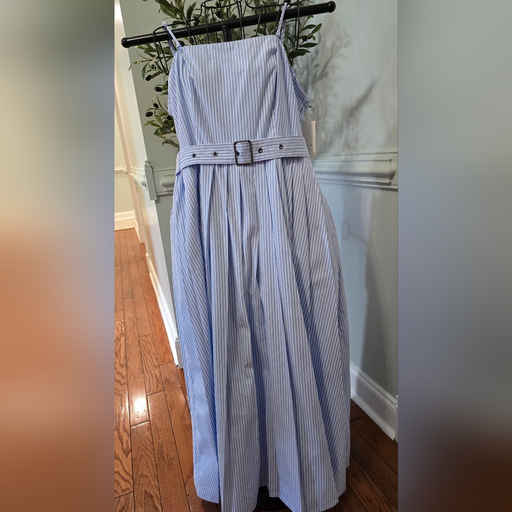 Blue and White Striped Belted Dress With Pockets